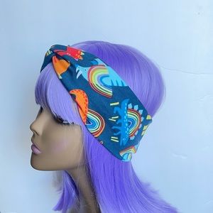 Blue Dinosaur Print Turban Headband, Headwraps